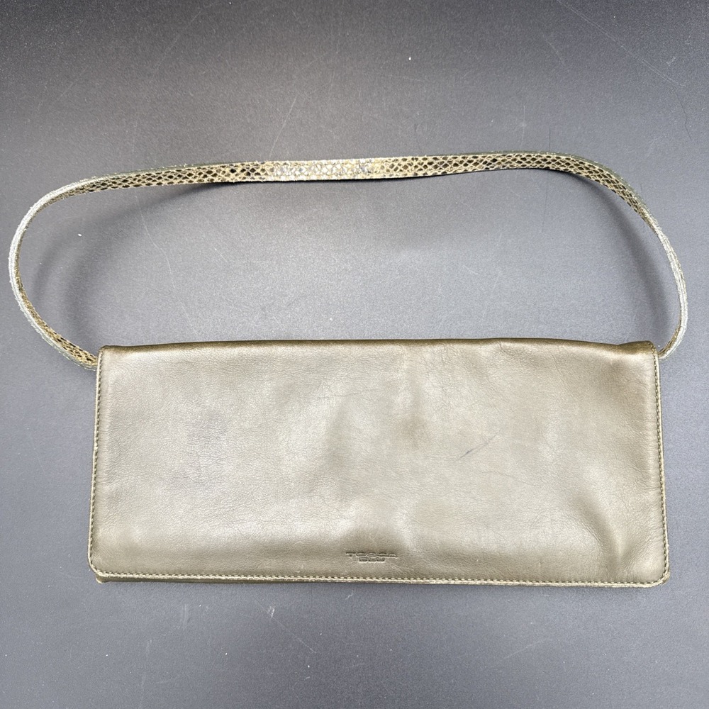 Tosca Blu Clutch Purse Handbag Olive Green Leather Italy 11" X 4.5" Flaws